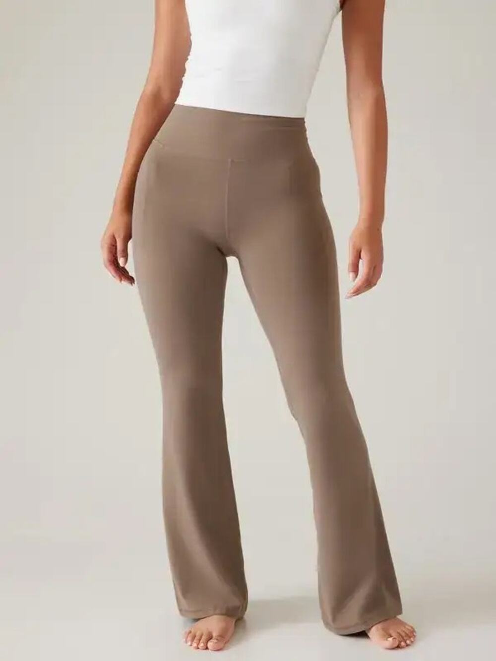 Athleta Salutation Stash Flare Pants Women's Size S Pyrite Tan High Rise Yoga